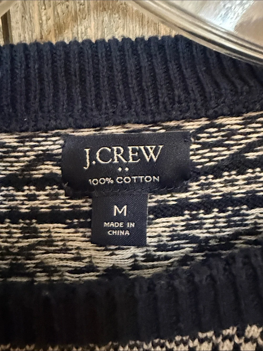 J.Crew Men’s Cotton Fair Isle Sweater Navy Ivory Nordic Ski Après Crewneck Med